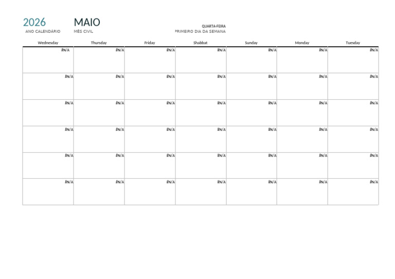 Calendário de Maio de 2026 | PDF