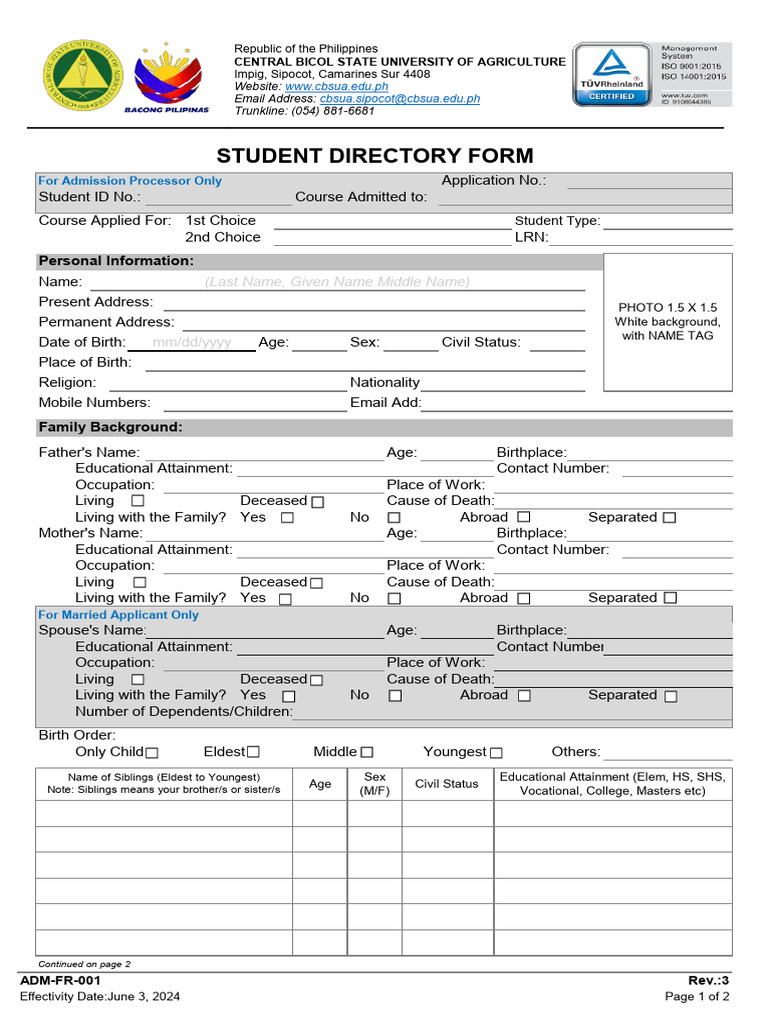 Student Directory Form for Admission | PDF