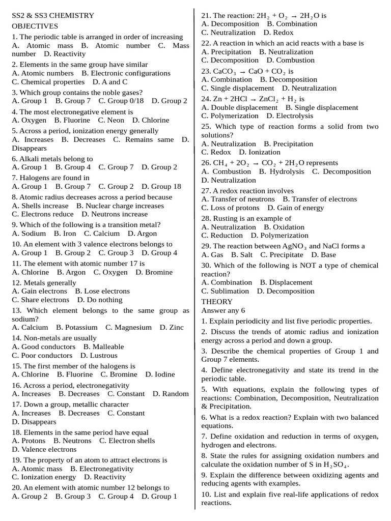 SS2 & SS3 Chemistry Exam Guide | PDF | Chemical Reactions | Redox