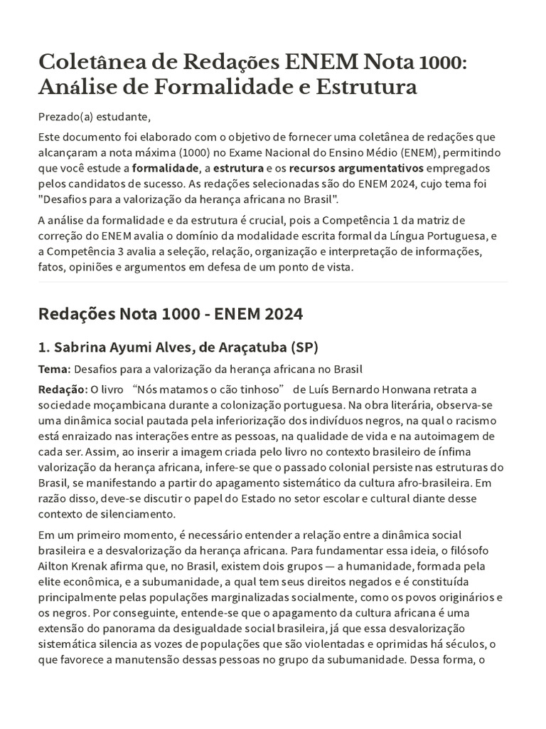 Redações Nota 1000 ENEM 2024: Análise e Estrutura | PDF | Brasil | África