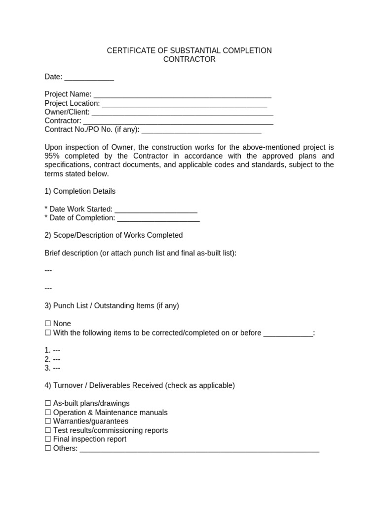 Certificate of Substantial Completion Template | PDF