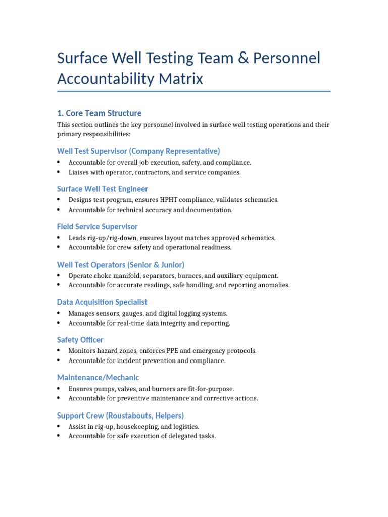 Surface Well Testing Accountability Matrix | PDF