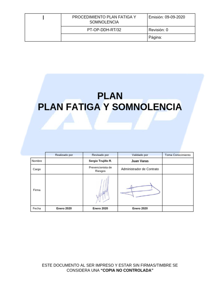 Plan de Prevención de Fatiga y Somnolencia | PDF | Dormir | Deshidración