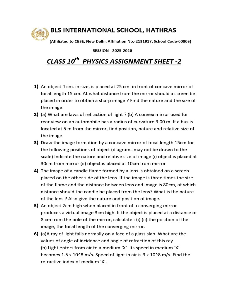Class 10 Physics Assignment Sheet 2025-26 | PDF | Series And Parallel ...