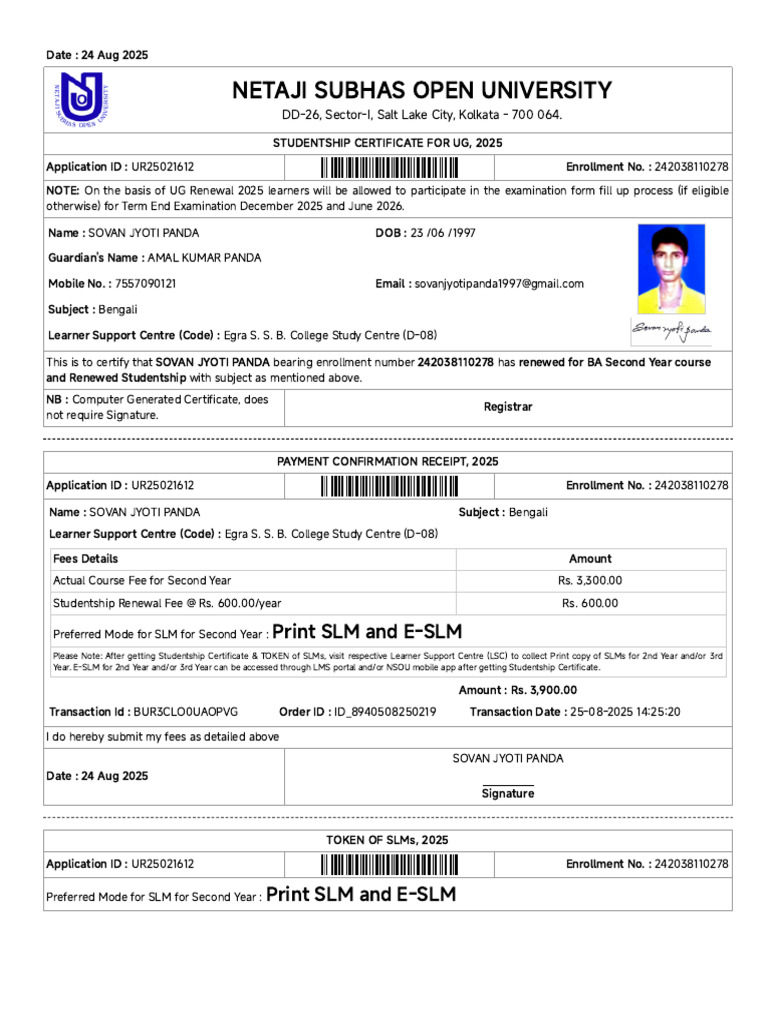 Studentship Certificate and Payment Receipt | PDF