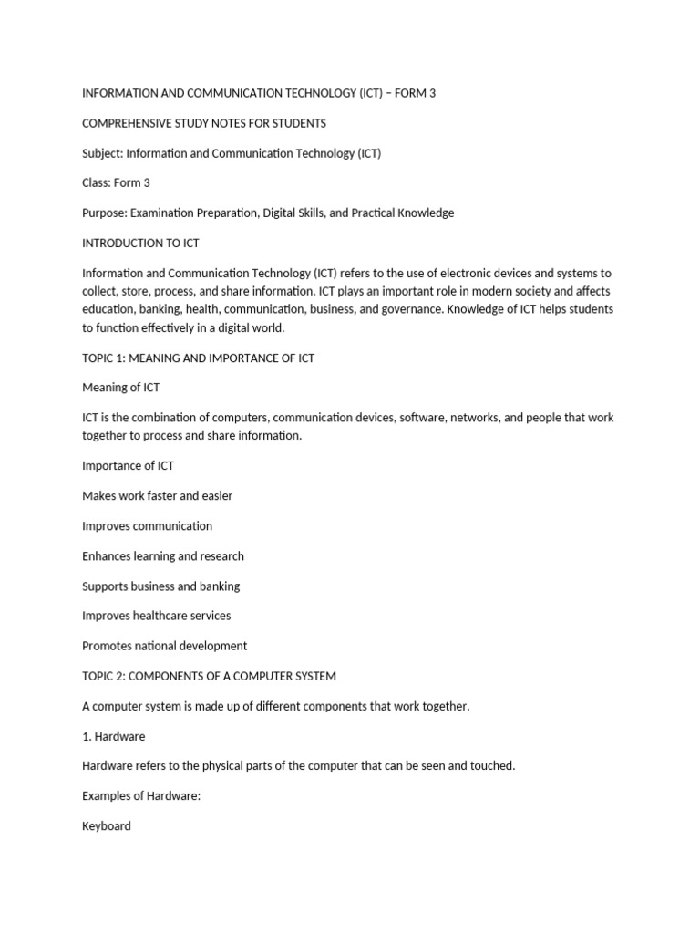 ICT Study Notes for Form 3 Students | PDF | Computer Data Storage ...