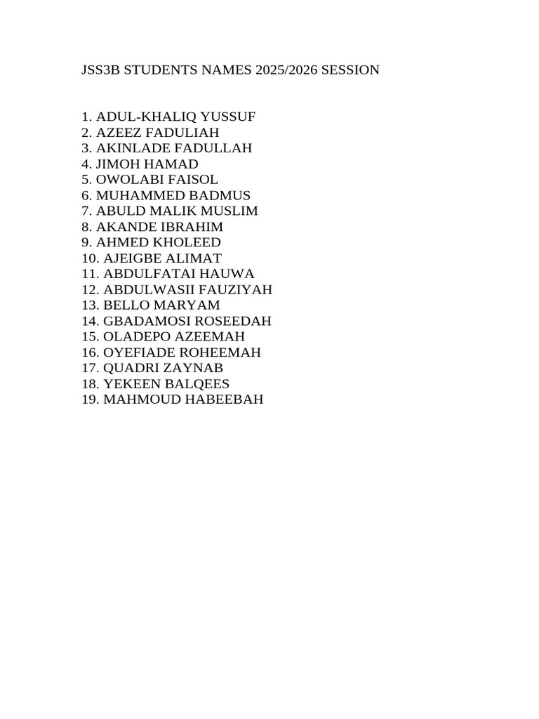 JSS3B Student Names 2025/2026 | PDF