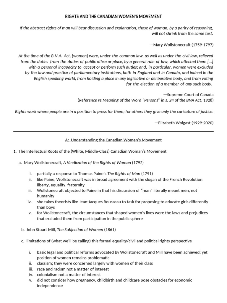 Rights and Canadian Womens Movement Lecture Outline (1) | PDF | Gender ...