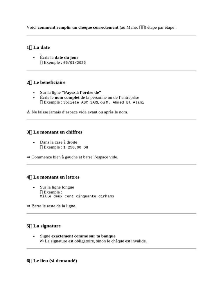 Remplir un chèque au Maroc : Guide étape par étape | PDF