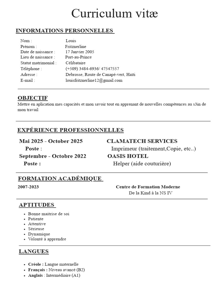 CV de Louis Fritznerline - Haïti | PDF