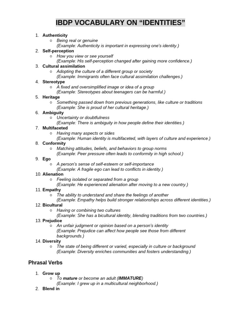 IBDP Vocabulary: Identities Explained | PDF | Self Concept | Identity ...