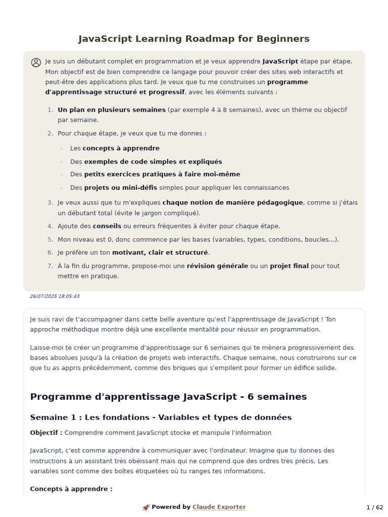 Apprendre JavaScript : Plan 6 Semaines | PDF | JavaScript | Structure ...