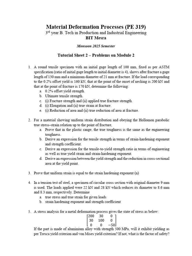 Tutorial 2 (Module2) 05sep2025 | PDF | Deformation (Engineering ...