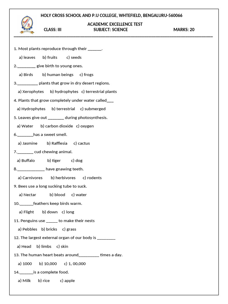 Class III Science Academic Test | PDF