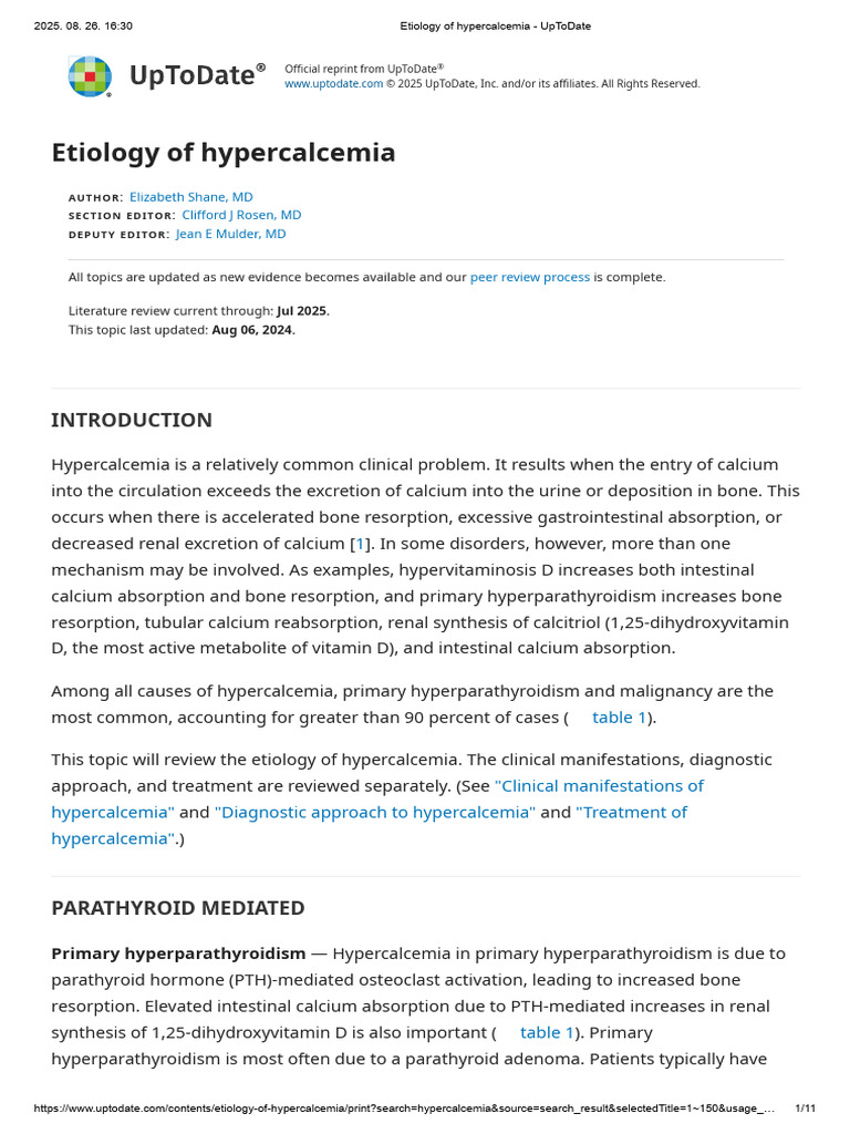 Etiology of Hypercalcemia - UpToDate | PDF | Vitamin D | Kidney