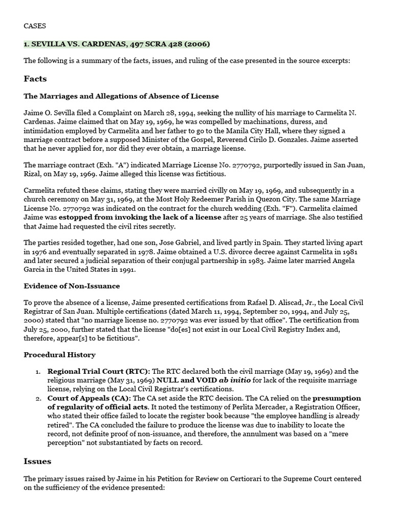 Marriage Nullity Cases Summary | PDF | Annulment | Mental Disorder
