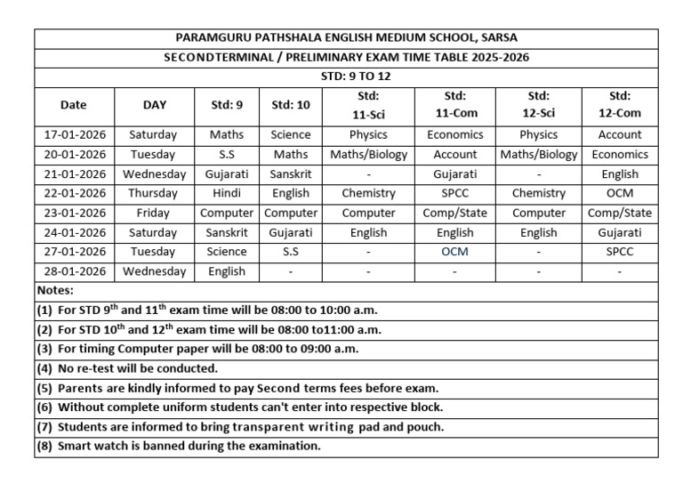 Exam Time Table 2025-2026: Std 9-12 | PDF