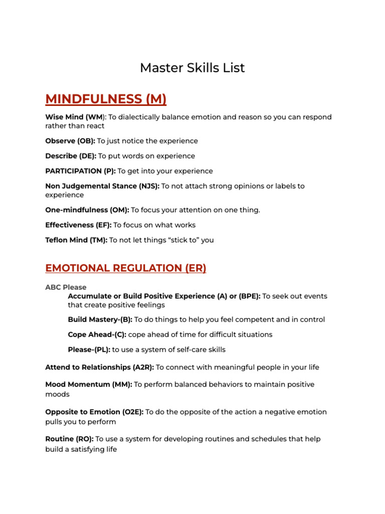 Master Skills List Only | PDF | Dialectical Behavior Therapy | Social ...