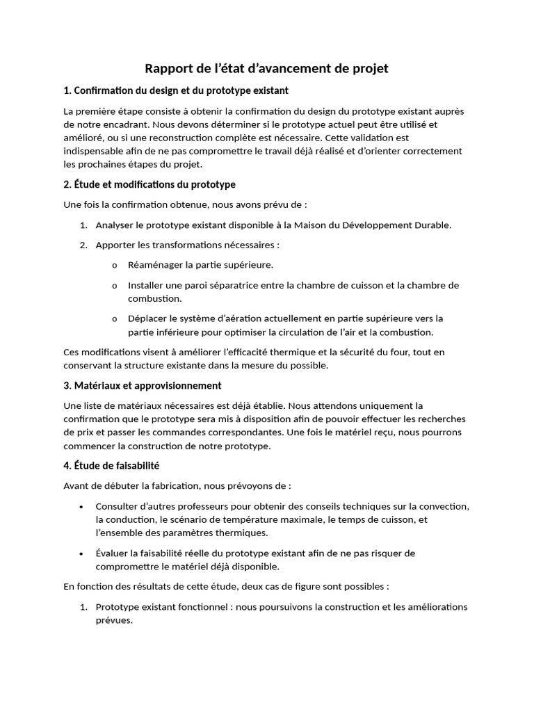 Avancement du projet de prototype de four | PDF