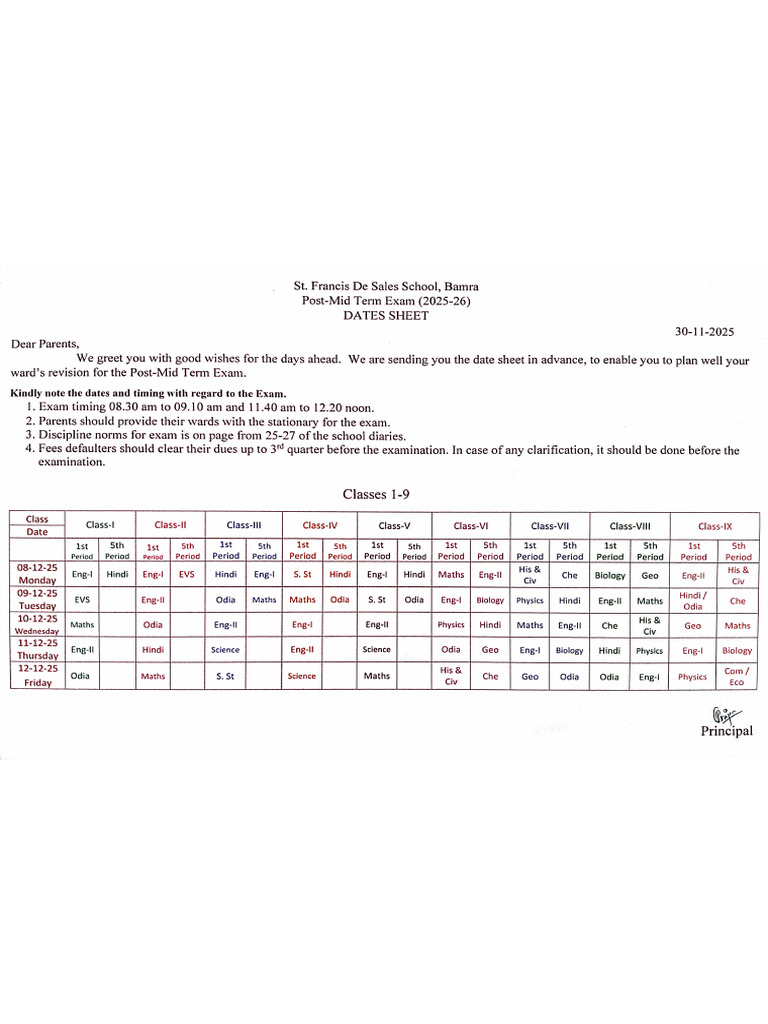 Dates Sheet - Post Mid Term, CL 1 To 9 | PDF