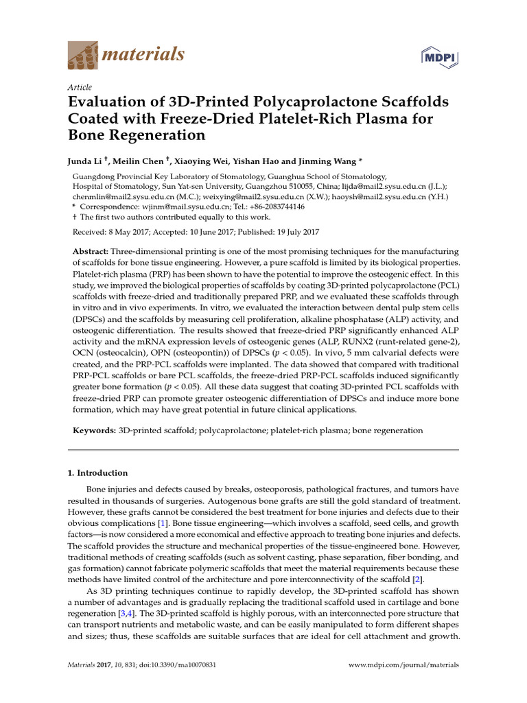 3D-Printed PCL Scaffolds with PRP for Bone Regeneration | PDF | Reverse ...