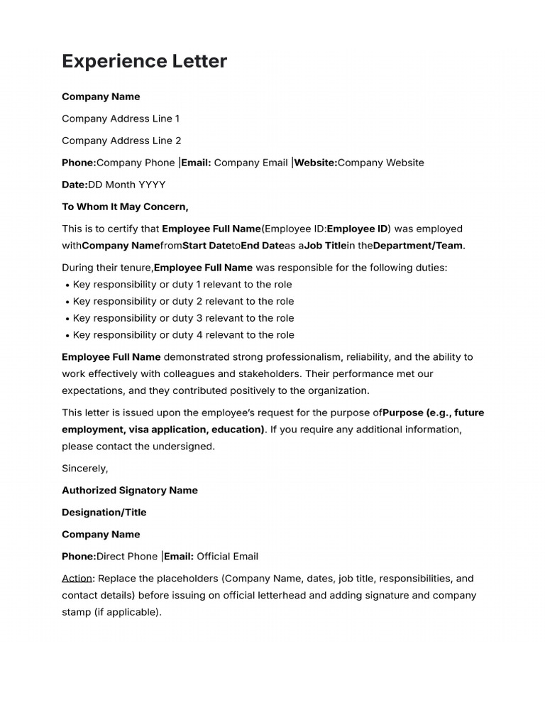 Provide Me A Format For Creating Experience Letter | PDF