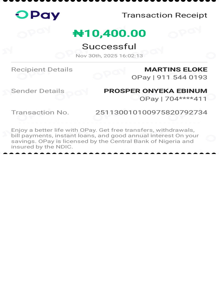 OPay Transaction Receipt - ₦10,400 Successful | PDF