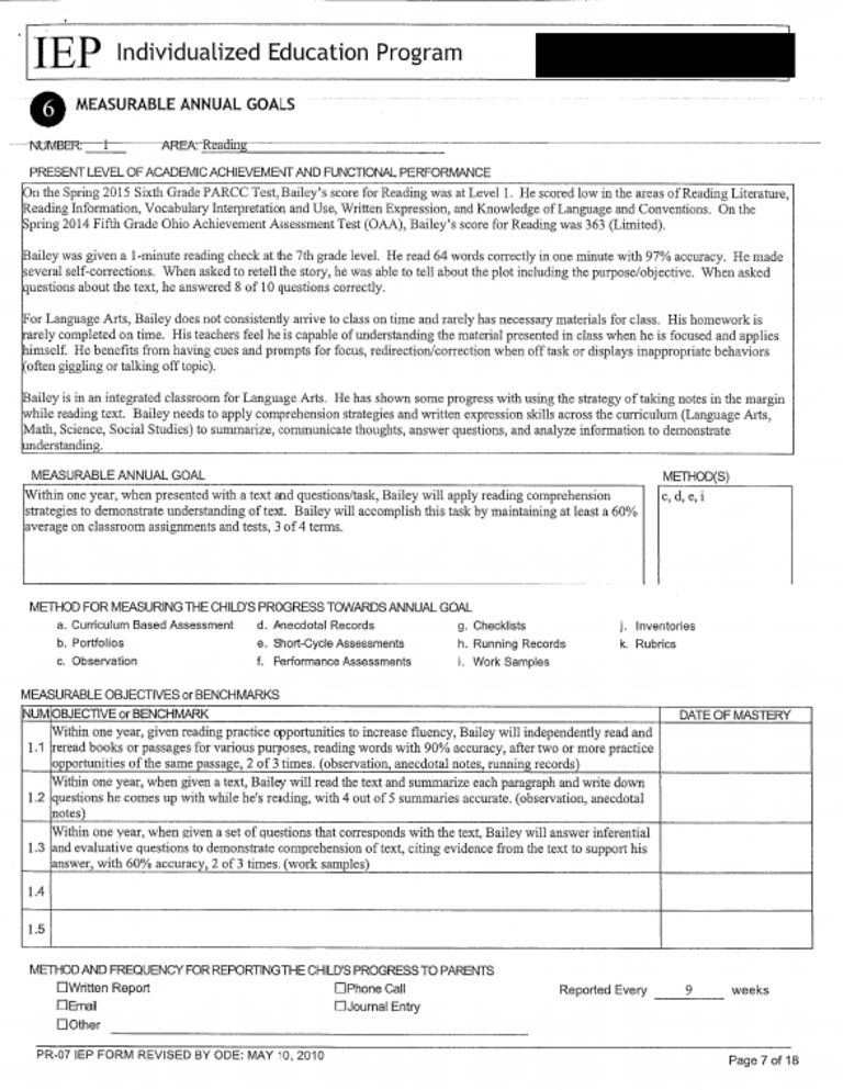 Bailey IEP Goal Example | PDF