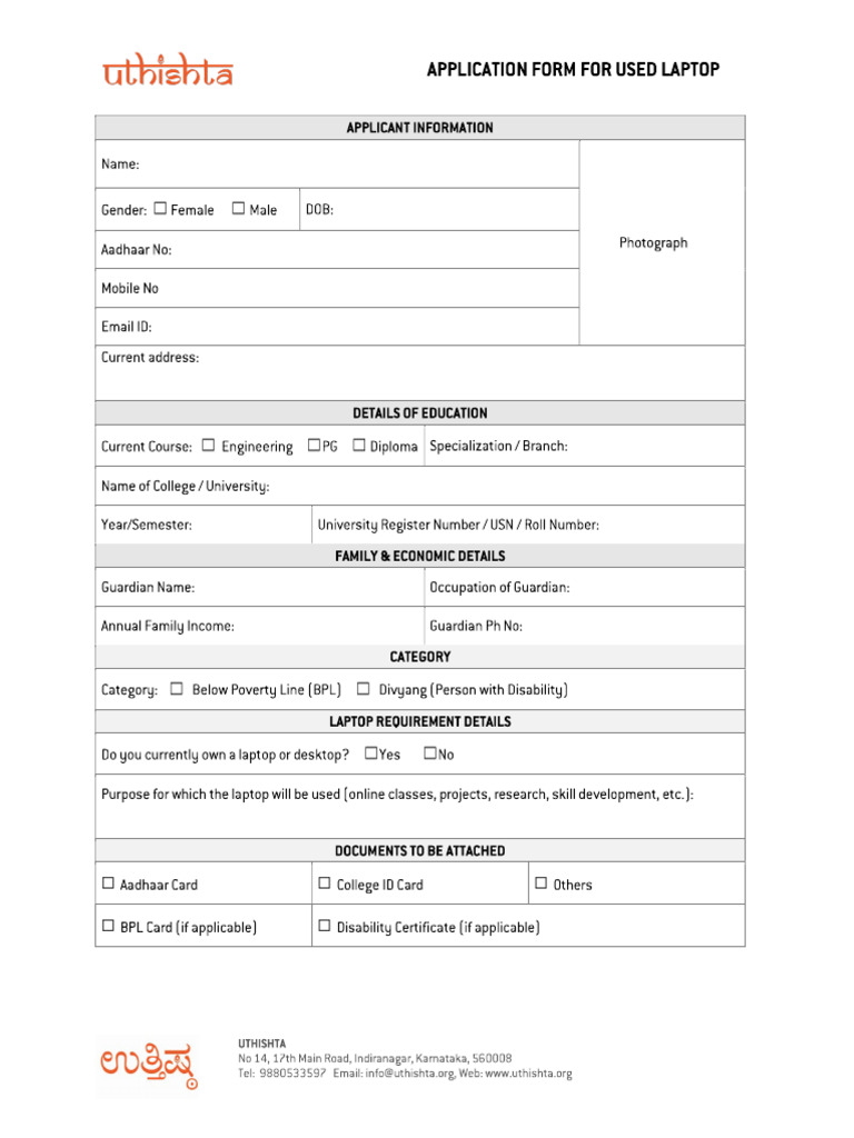 Application Form Laptop - Uthishta | PDF