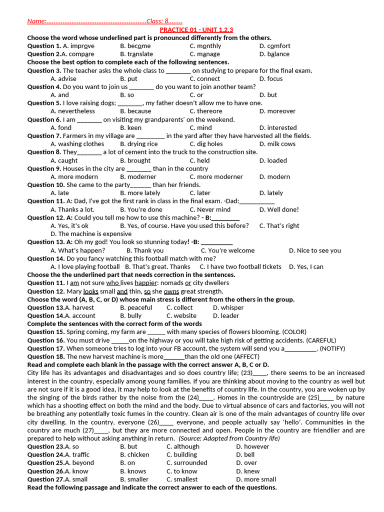 8th Grade English Practice Test Units 1-3 | PDF | Caffeine | Sleep