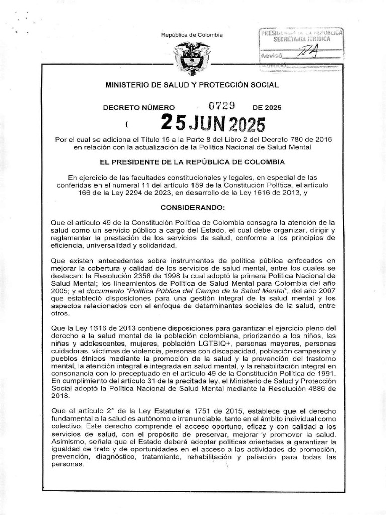 Decreto 0729 Del 25 de Junio de 2025 | PDF | Salud mental | Cuidado de ...