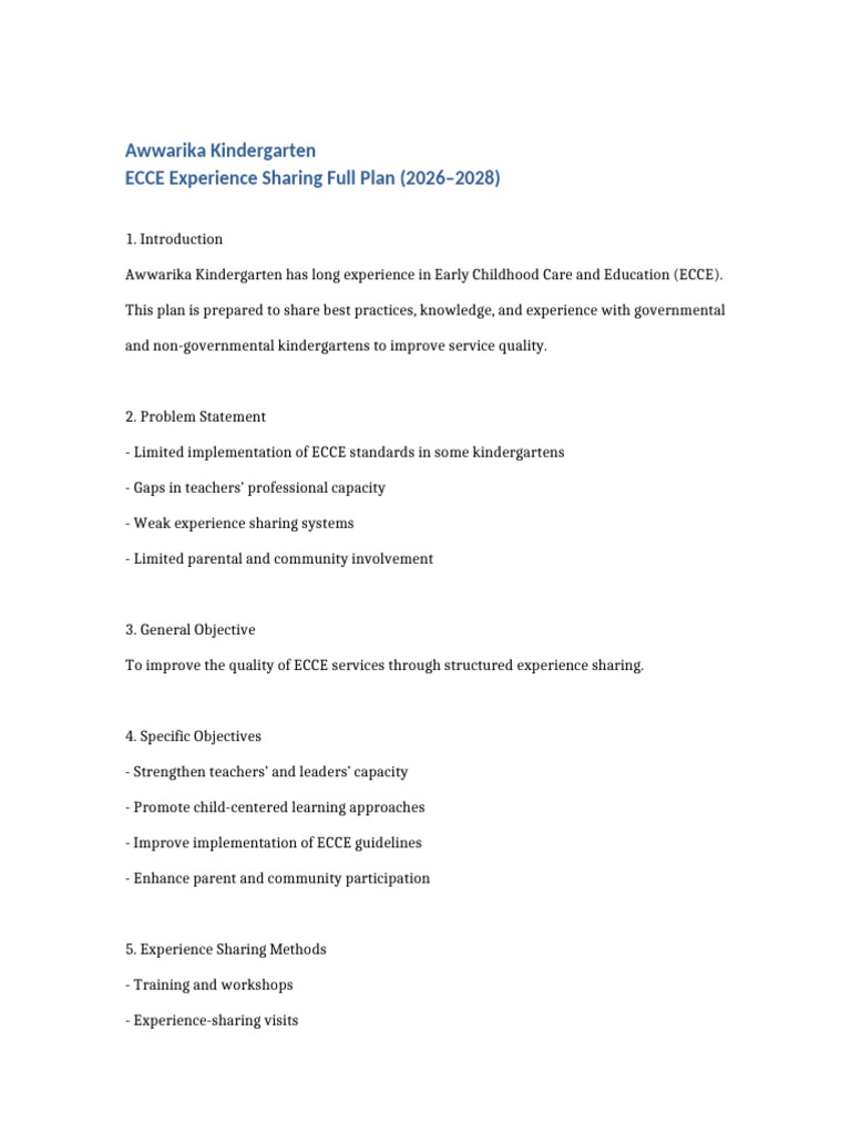 Awwarika Kindergarten ECCE Plan 2026-2028 | PDF