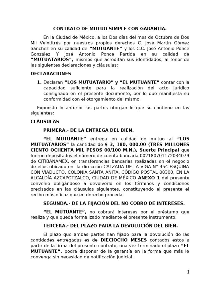 Contrato de Mutuo Simple sin Intereses | PDF