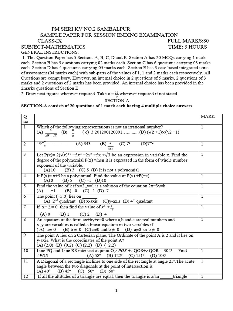 Class IX Mathematics Sample Paper | PDF | Triangle | Atoms