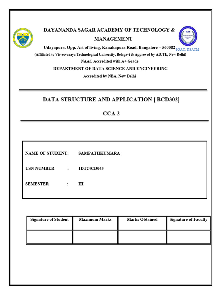 Data Structure and Application CCA 2 Report | PDF