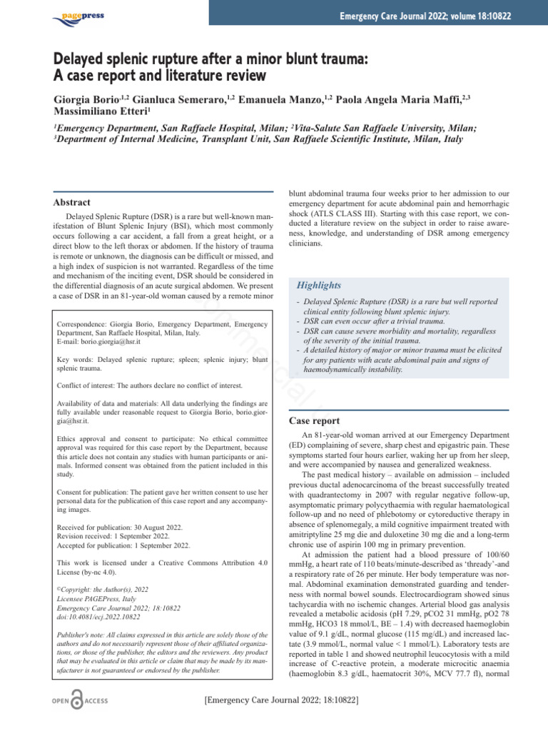 Delayed Splenic Rupture Case Study | PDF | Spleen | Major Trauma