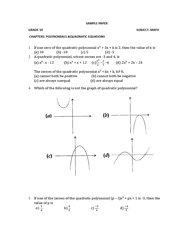 Polynomials & Q. Eqns Sample Paper | PDF | Quadratic Equation | Zero Of ...