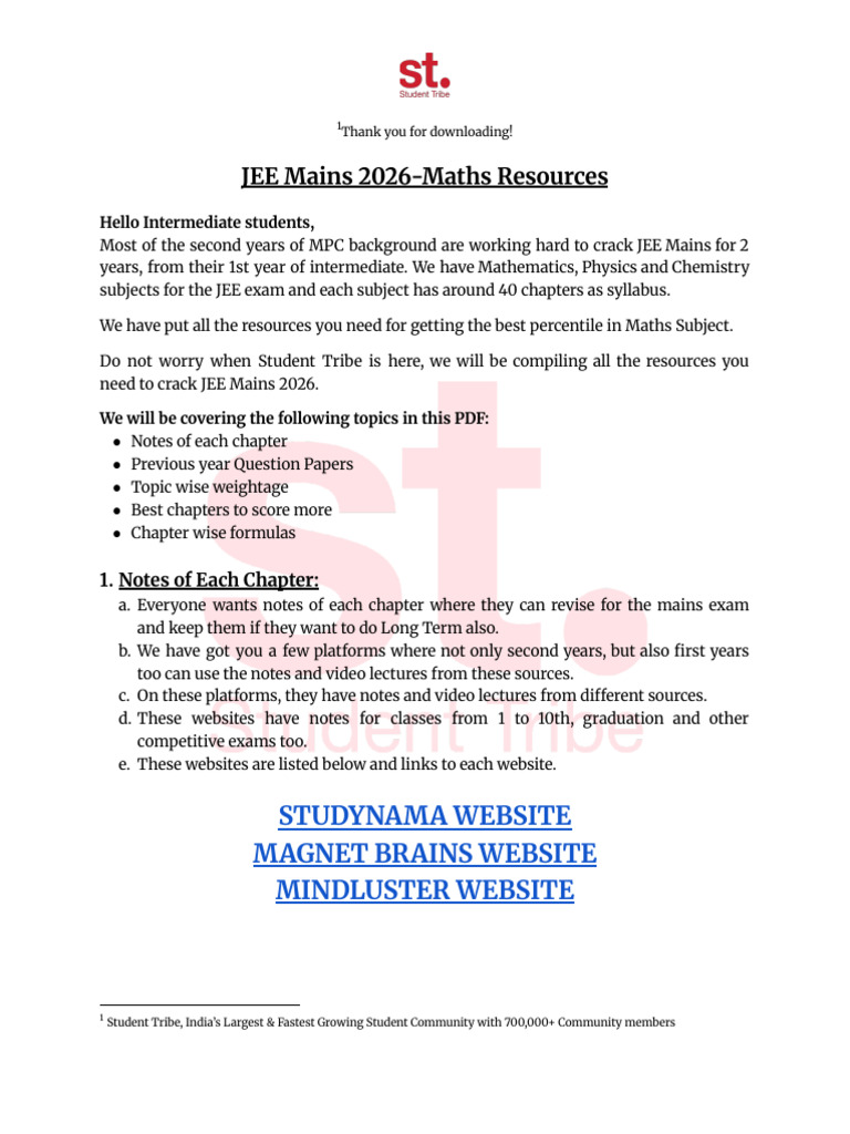 JEE Mains 2026 Maths Study Resources | PDF | Standardized Tests ...