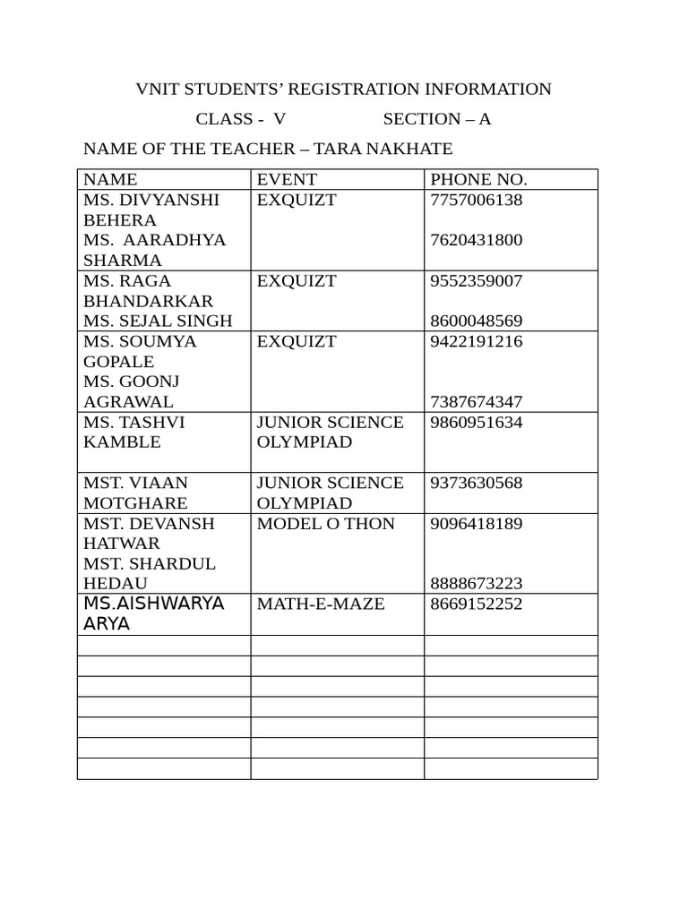 VNIT Class V Registration Details | PDF