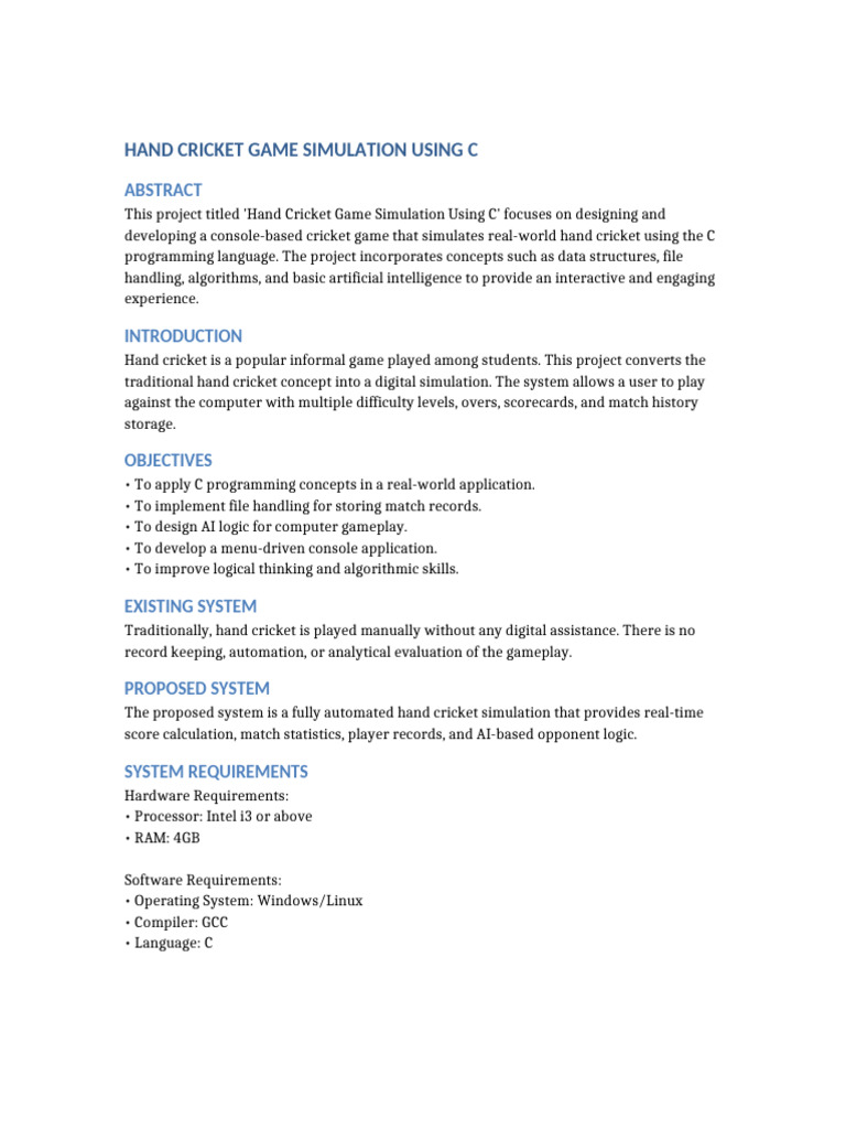 Hand Cricket Game C Project Report 2 | PDF | Artificial Intelligence ...
