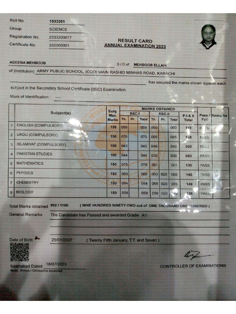 MarkSheet Matric Compressed | PDF