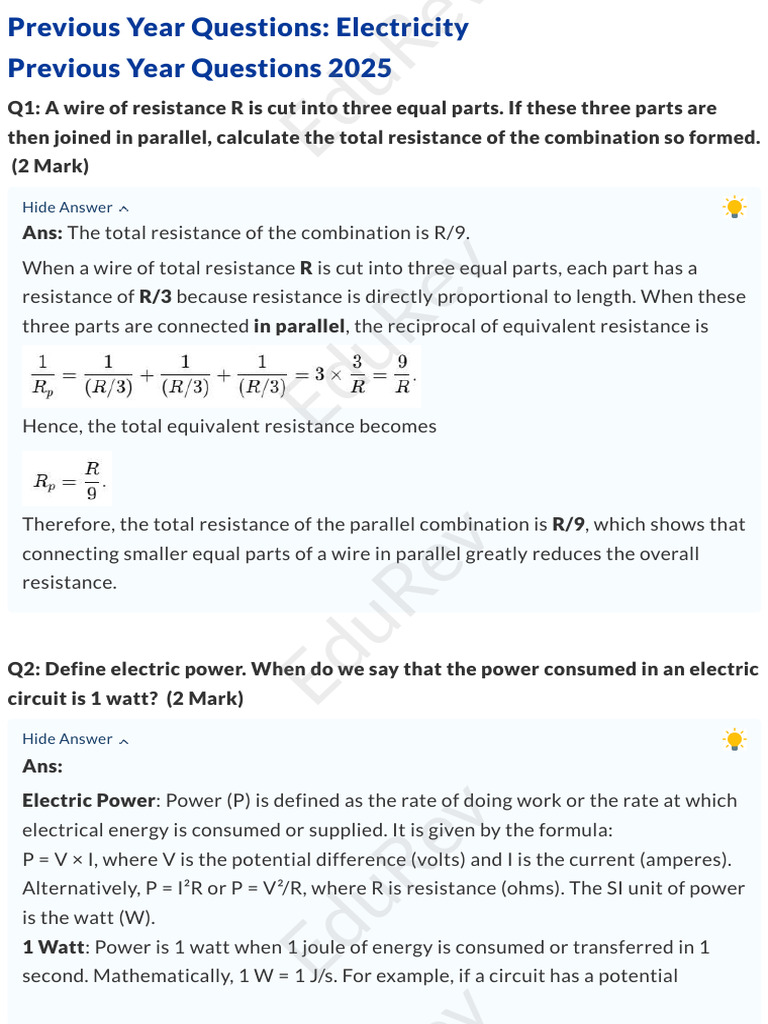 Electricity Previous Year Questions 2025 | PDF | Series And Parallel ...