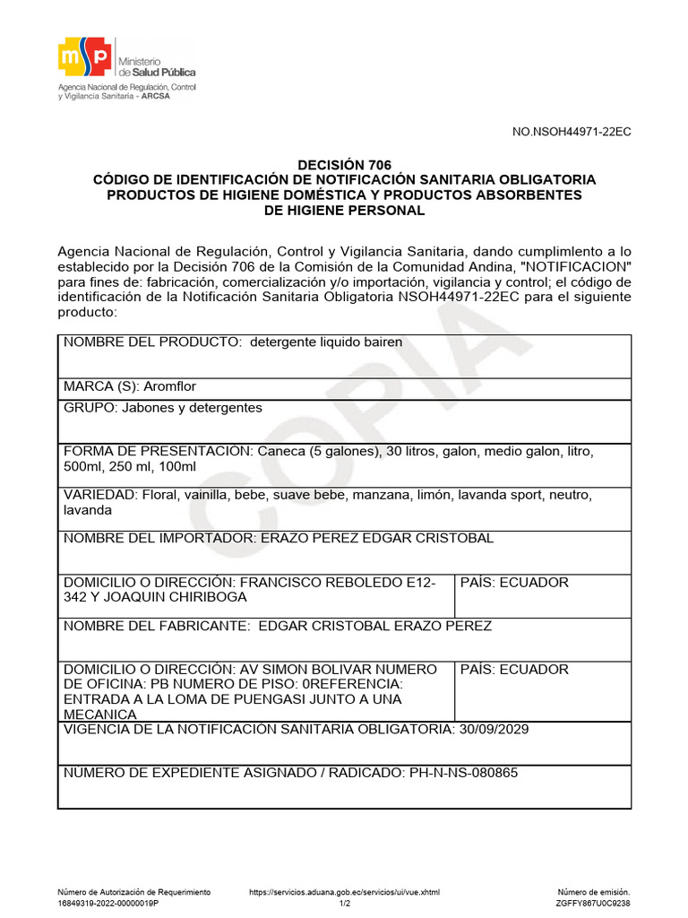 Notificación Sanitaria Detergente Bairen | PDF
