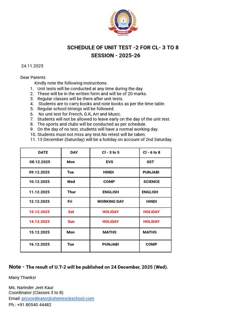 Unit Test Schedule CL 3-8 2025-26 | PDF