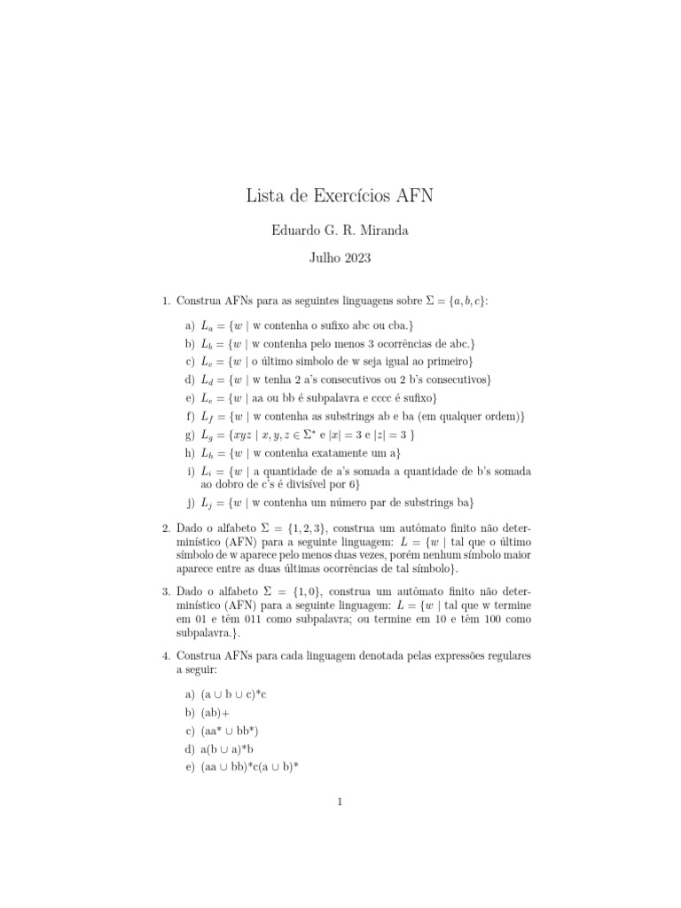 Exercícios de AFN para Linguagens Formais | PDF