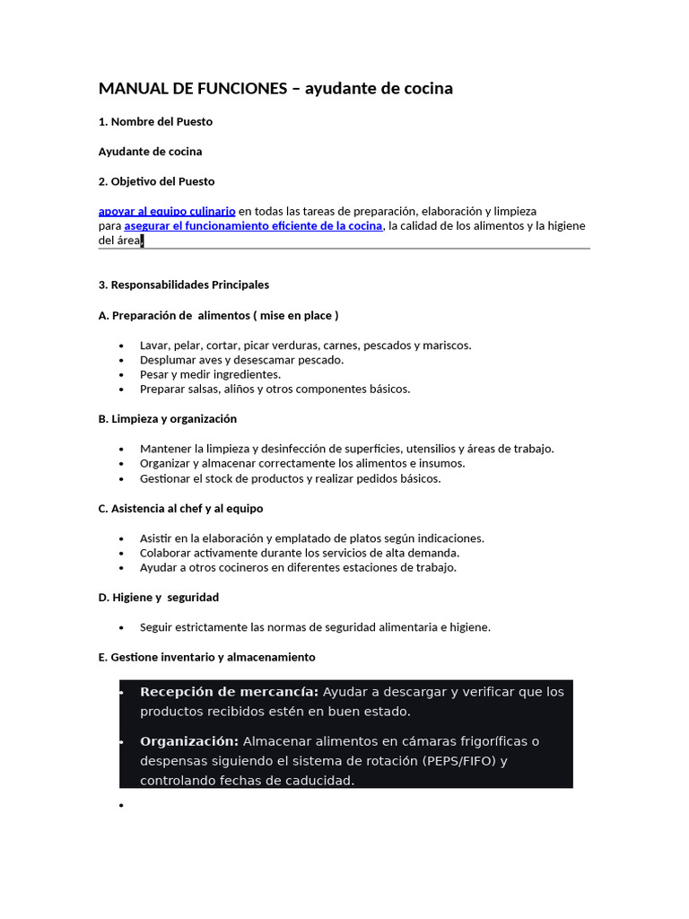 Manual de Funciones: Ayudante de Cocina | PDF | Artes culinarias ...