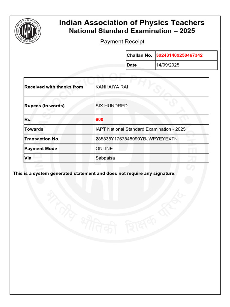 NSE Fee Reciept | PDF