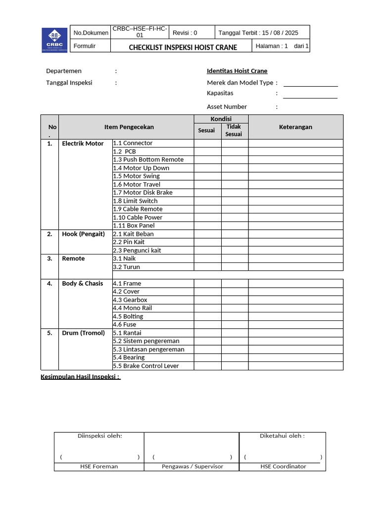 Checklist Inspeksi Hoist Crane 2025 | PDF