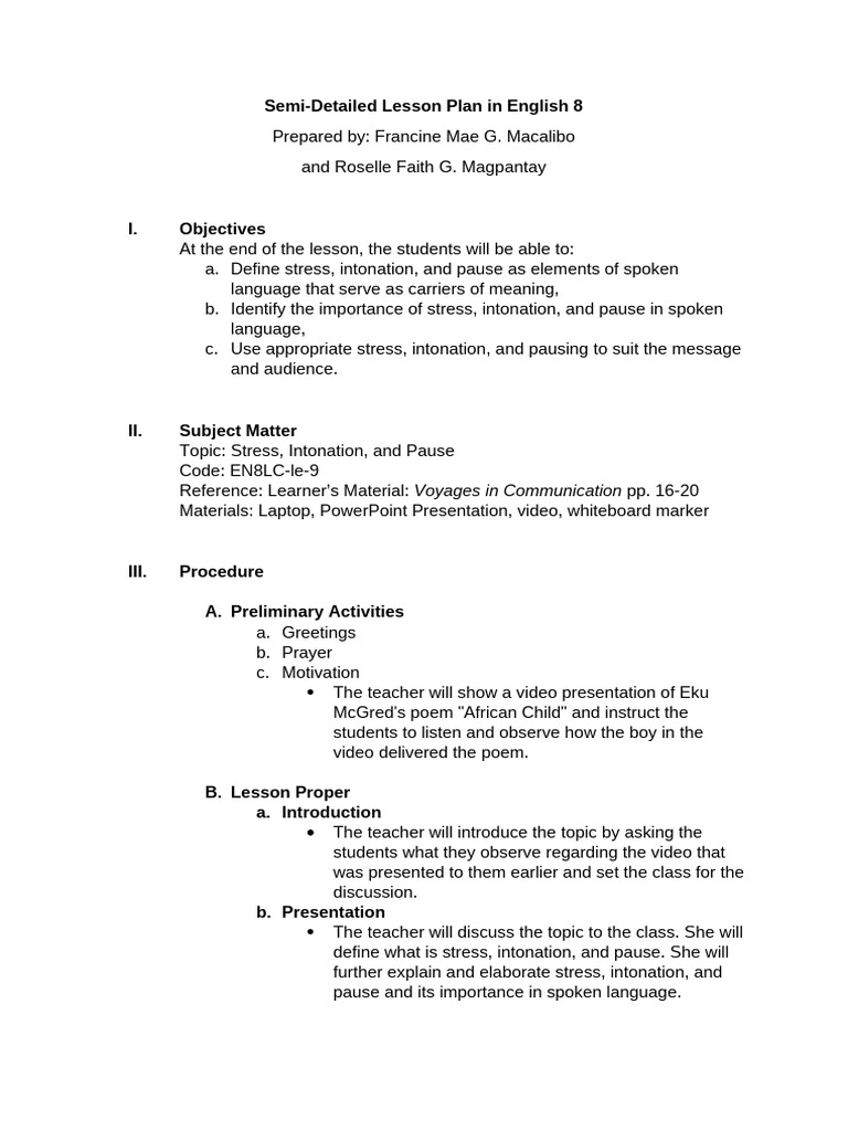 Lesson Plan: Stress and Intonation in English | PDF | Human ...