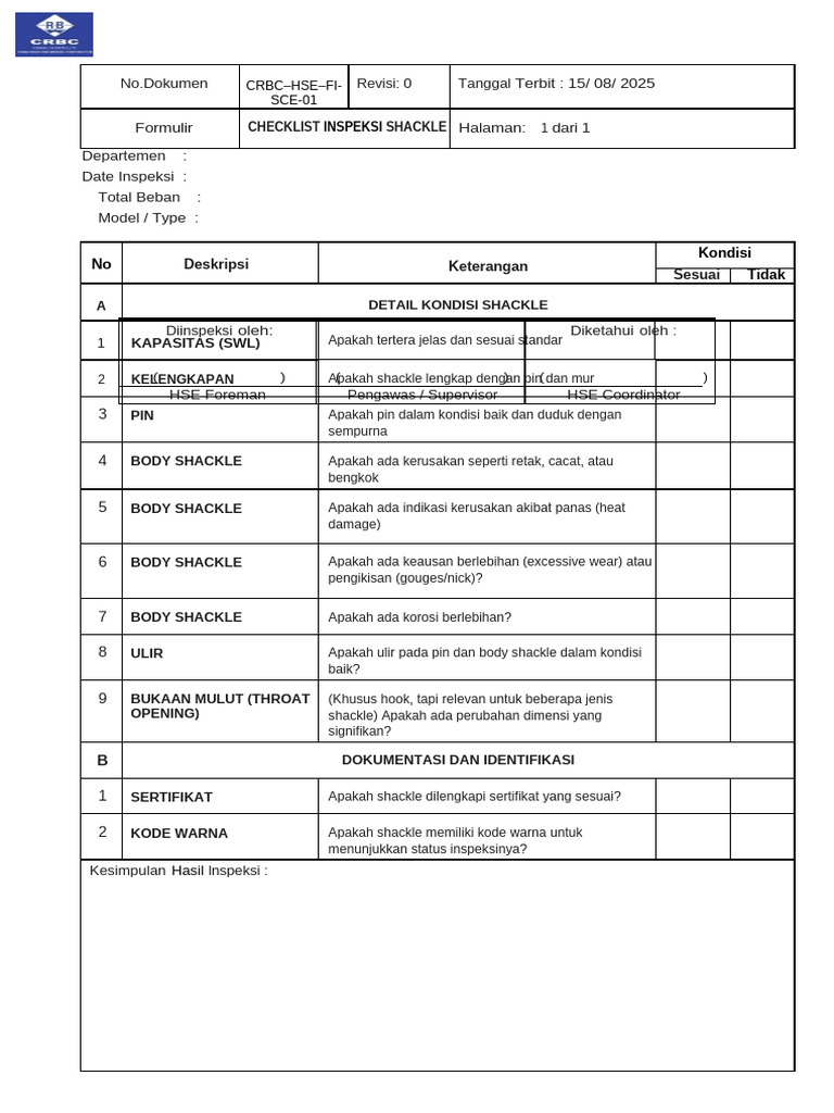 Checklist Inspeksi Shackle HSE 2025 | PDF